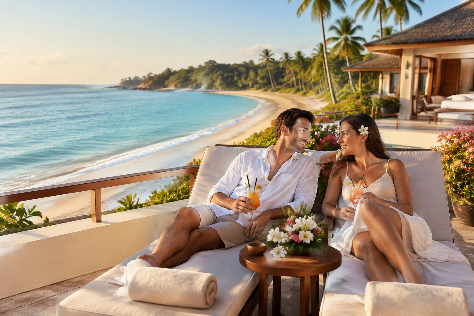 A newlywed couple relaxes together on a seaside terrace overlooking a tropical beach.
