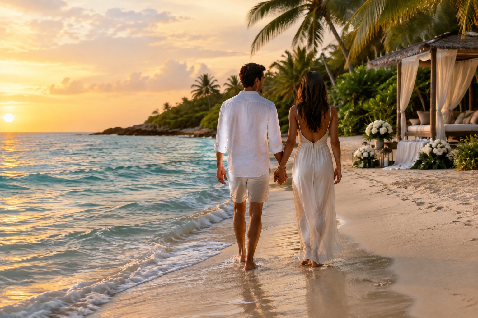 A couple walks hand in hand along a tropical beach at sunset.