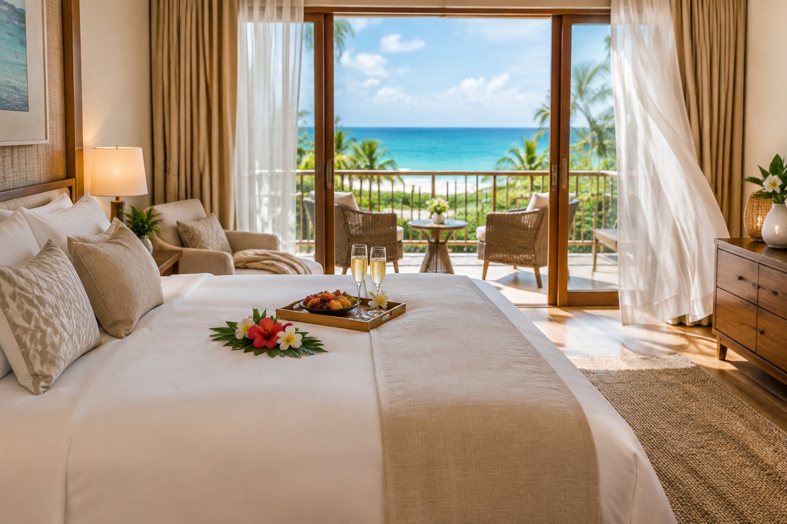 A bright honeymoon suite with a king-size bed, tropical flowers, and a balcony overlooking the ocean.