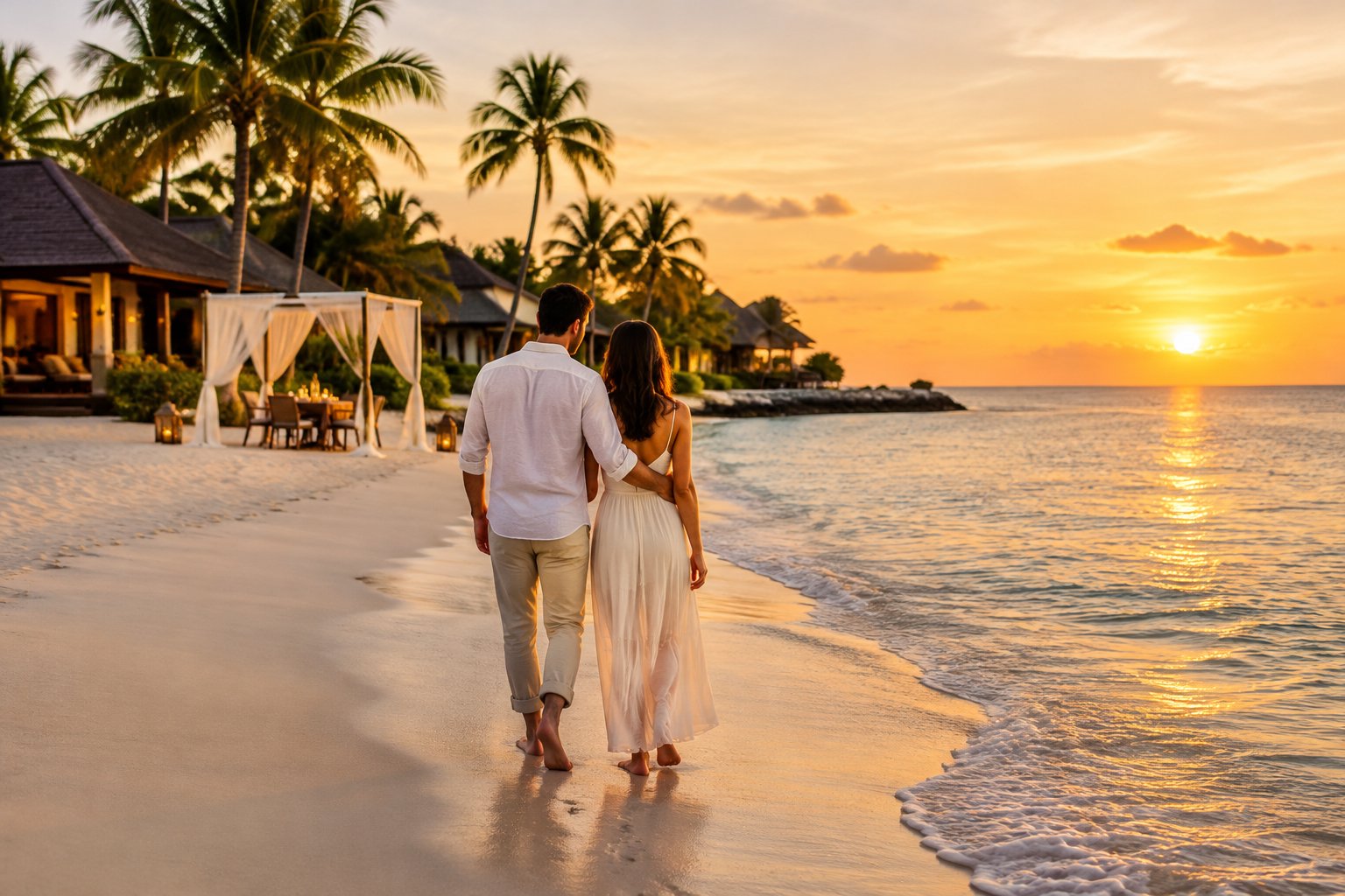 A couple walks together along a tropical beach beside a resort at sunset.