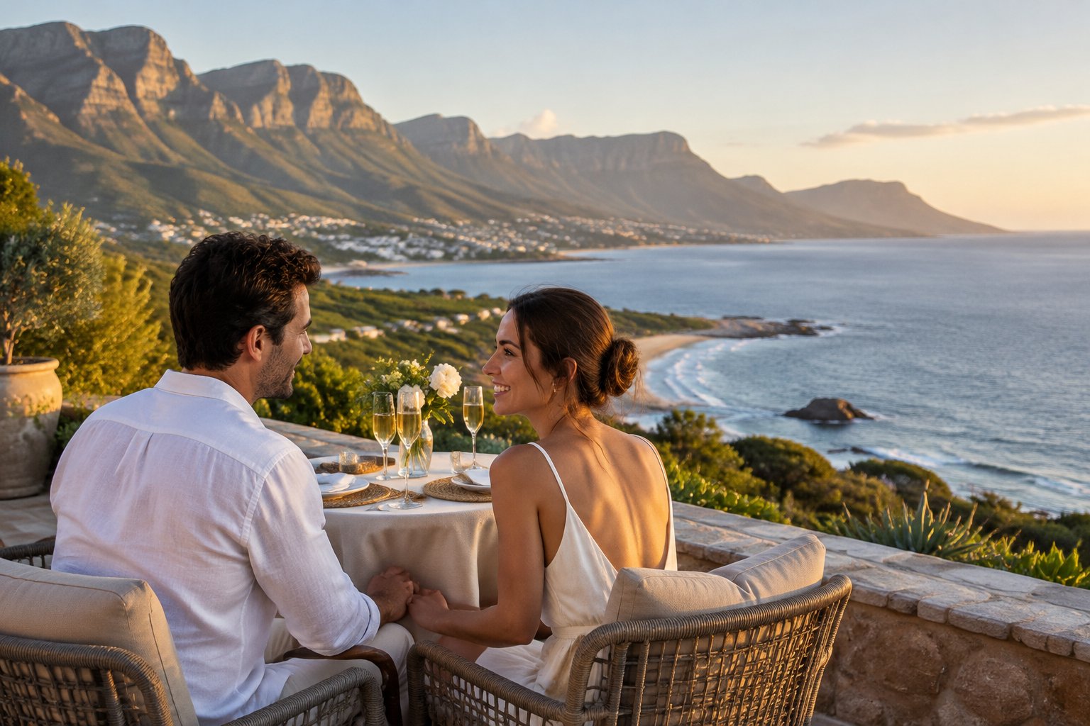 A newlywed couple shares a quiet moment on a terrace overlooking the ocean and mountains.