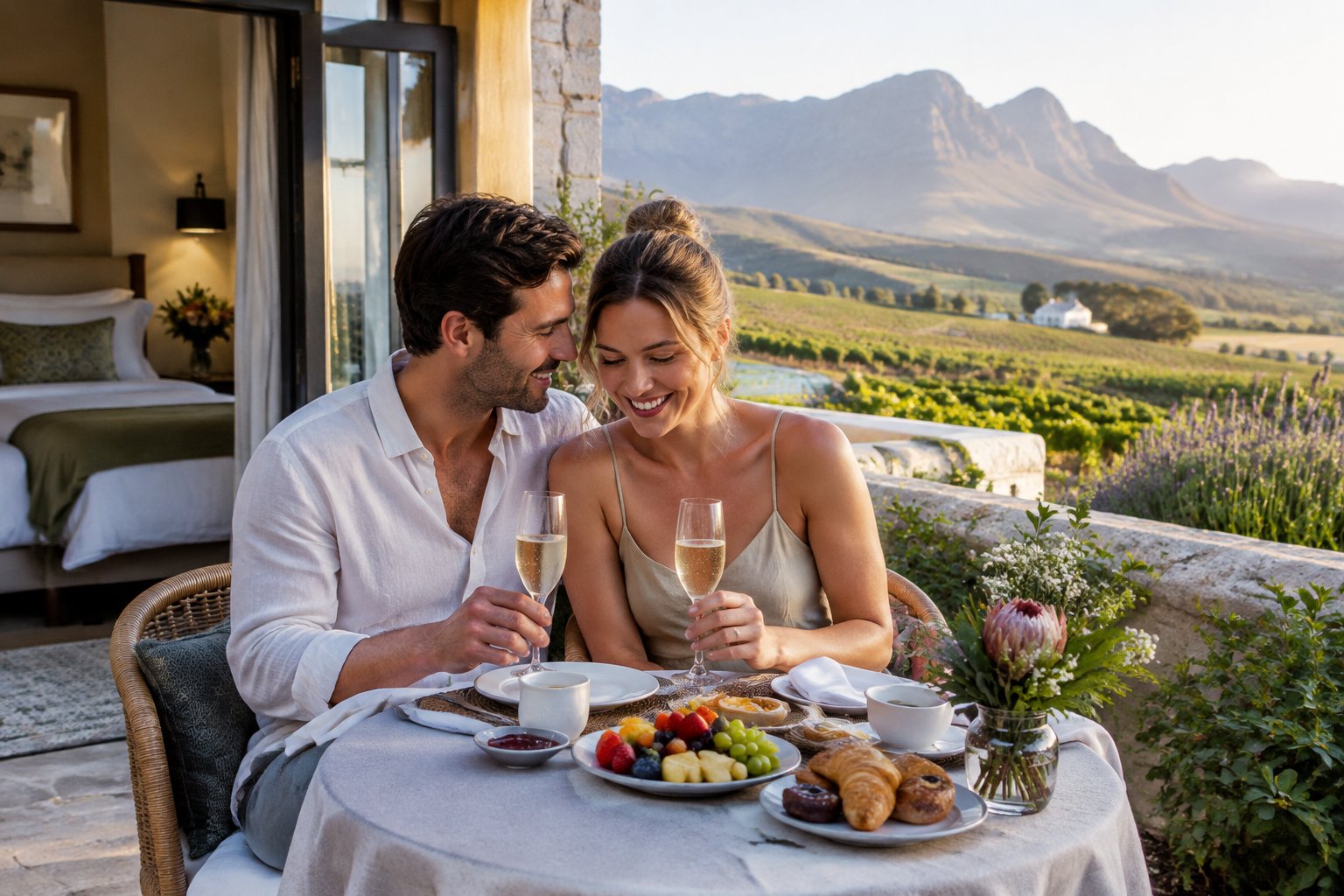A newlywed couple enjoys breakfast together on a terrace overlooking Western Cape vineyards.