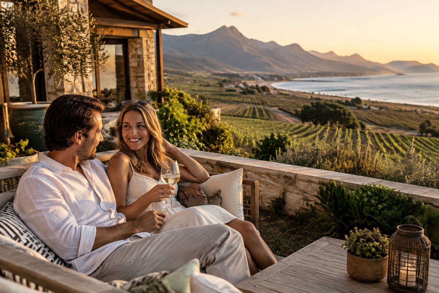 A couple relaxes on a guesthouse terrace overlooking Western Cape scenery.