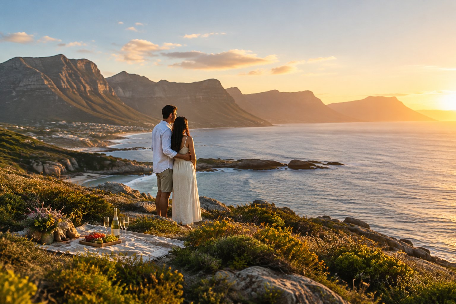 A couple shares a quiet moment overlooking the Western Cape coastline.