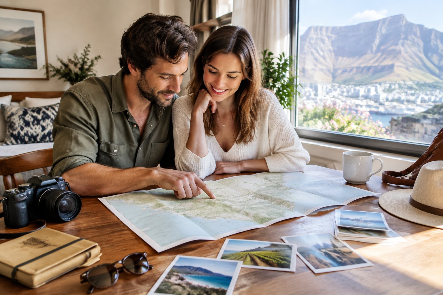A newlywed couple plans a Western Cape trip together at a table with a map and travel photos.