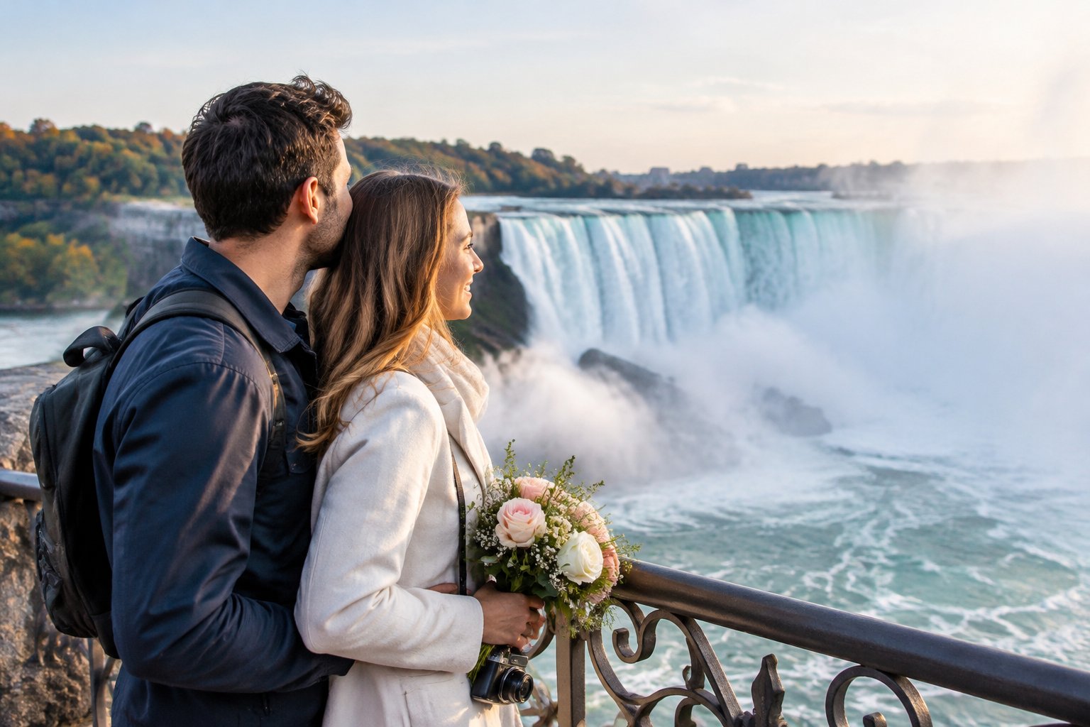 A newlywed couple shares a romantic moment overlooking Niagara Falls.