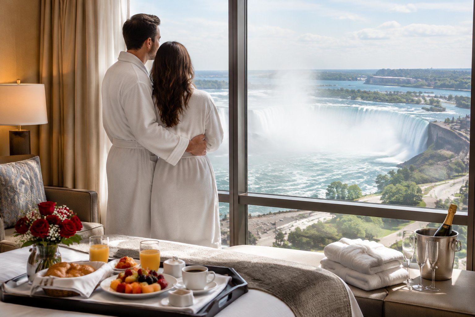 A newlywed couple looks out at Niagara Falls from a hotel room with breakfast and roses nearby.