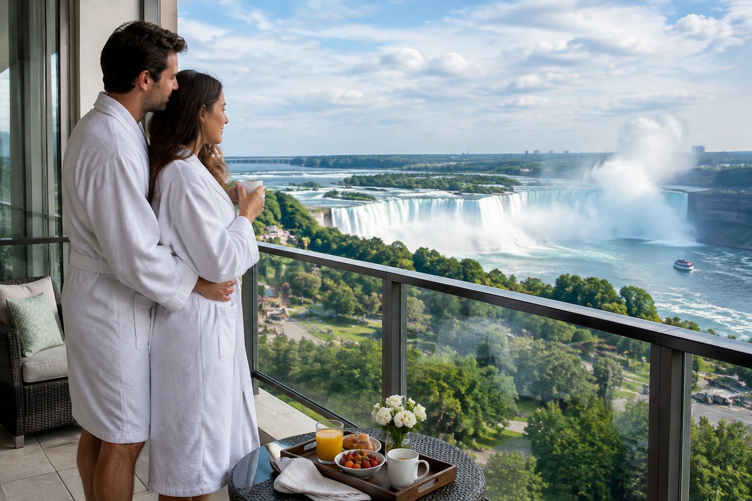 A couple enjoys the view of Niagara Falls from a hotel balcony.
