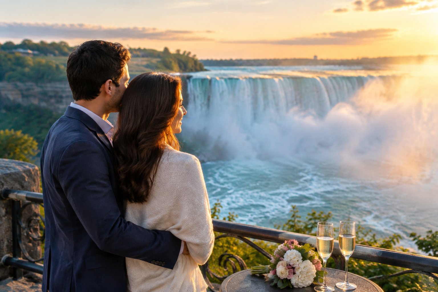 A couple enjoys a romantic view of Niagara Falls.