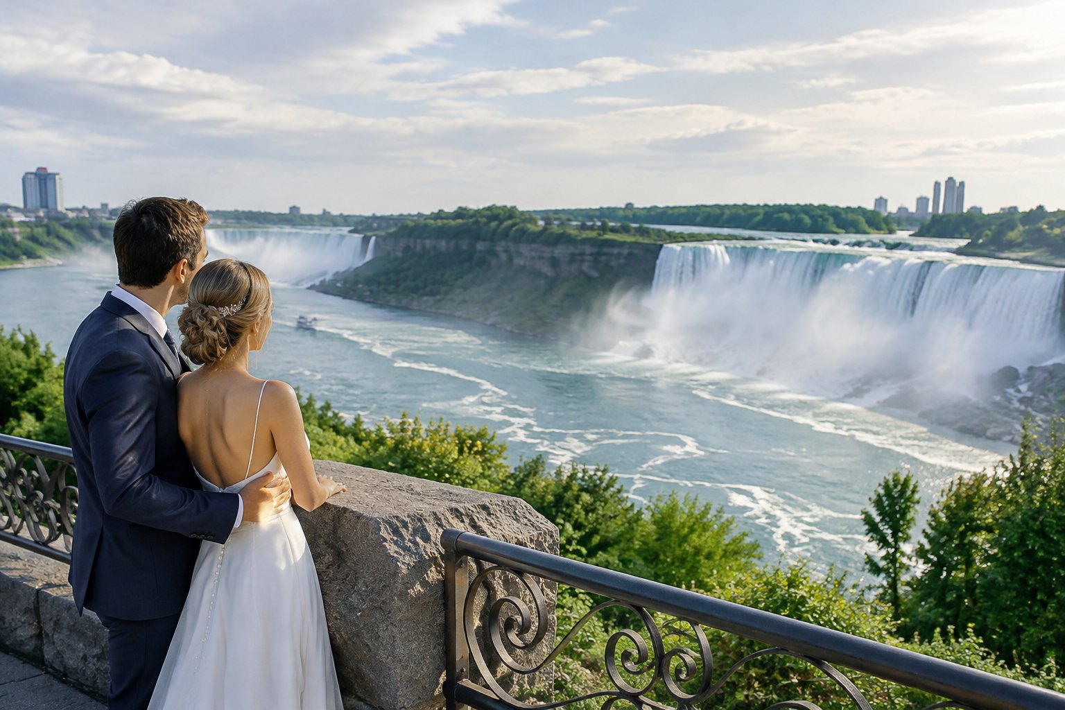 A newlywed couple admires Niagara Falls from a scenic overlook.