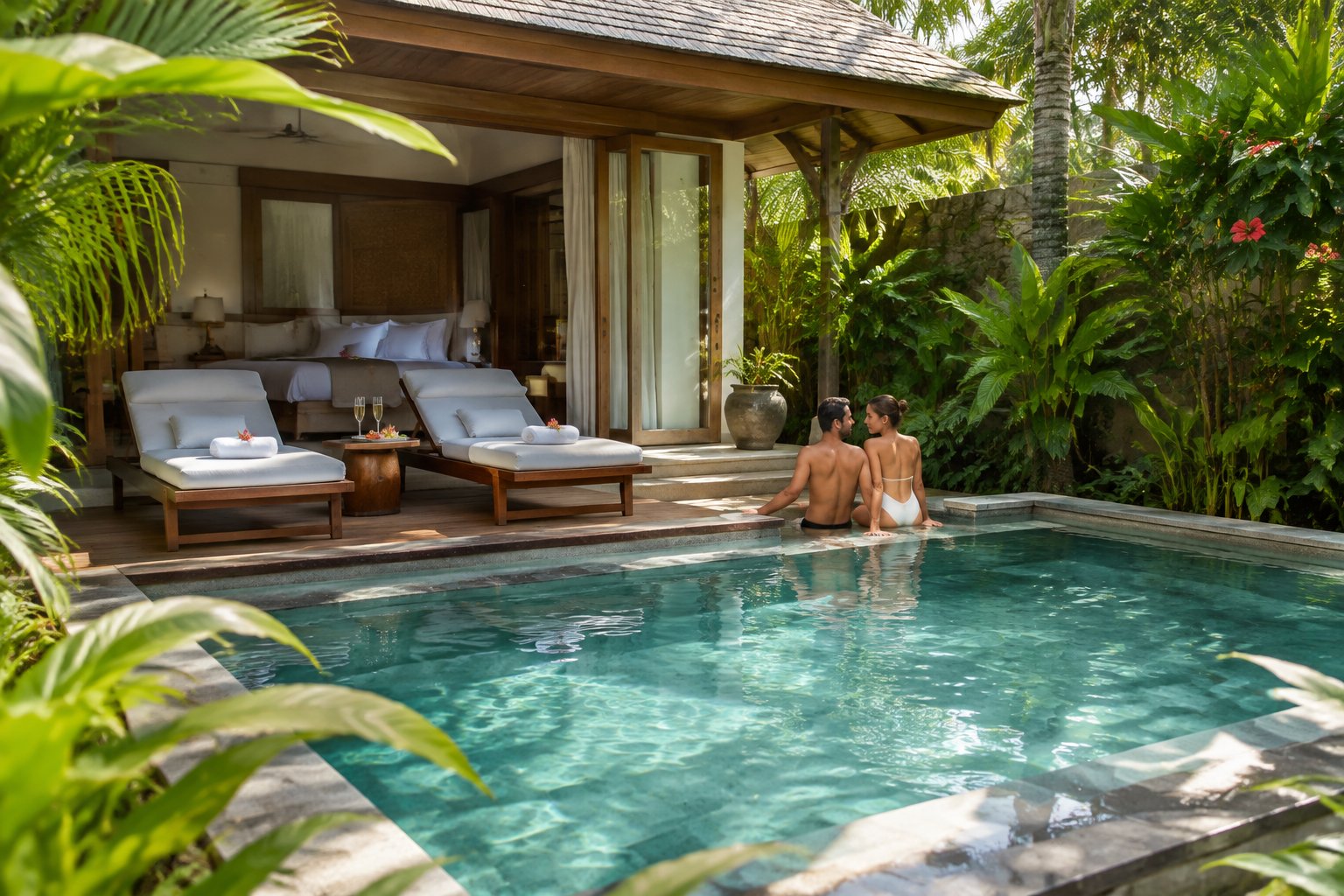 A couple relaxes beside a private pool at a tropical villa.