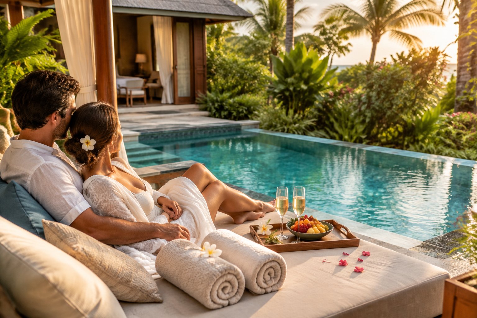 A couple relaxes beside a private pool at a tropical resort.