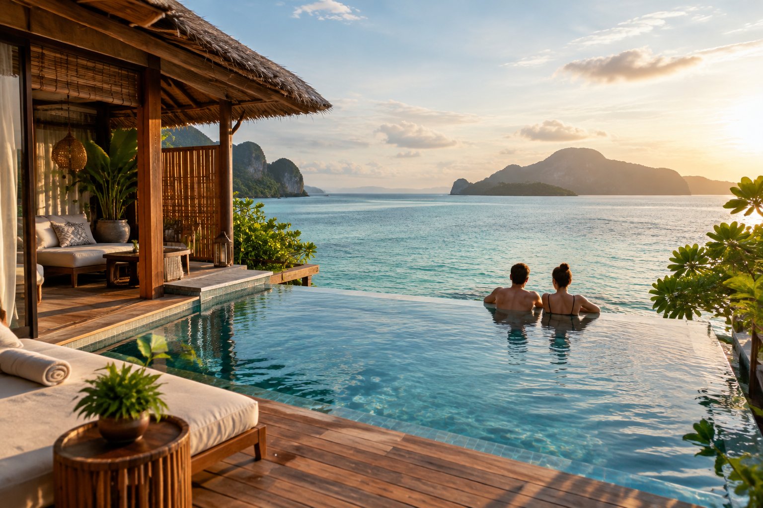 A couple relaxes beside a private pool overlooking a tropical lagoon.