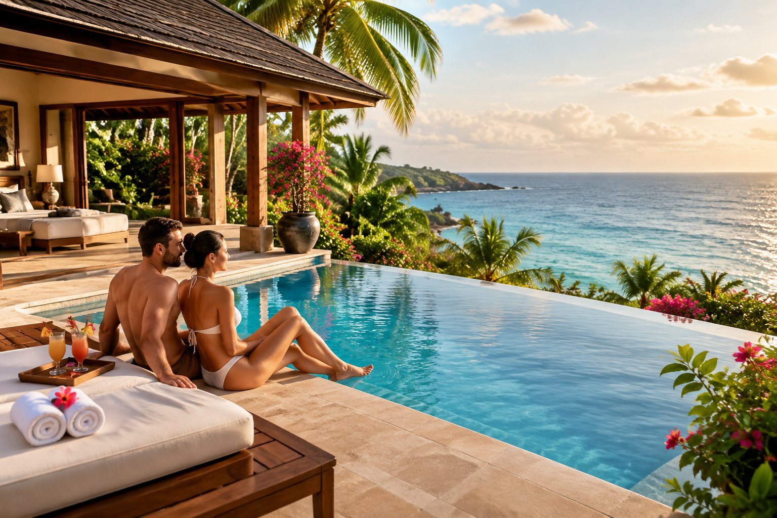 A couple relaxes beside a private pool overlooking the Caribbean Sea.