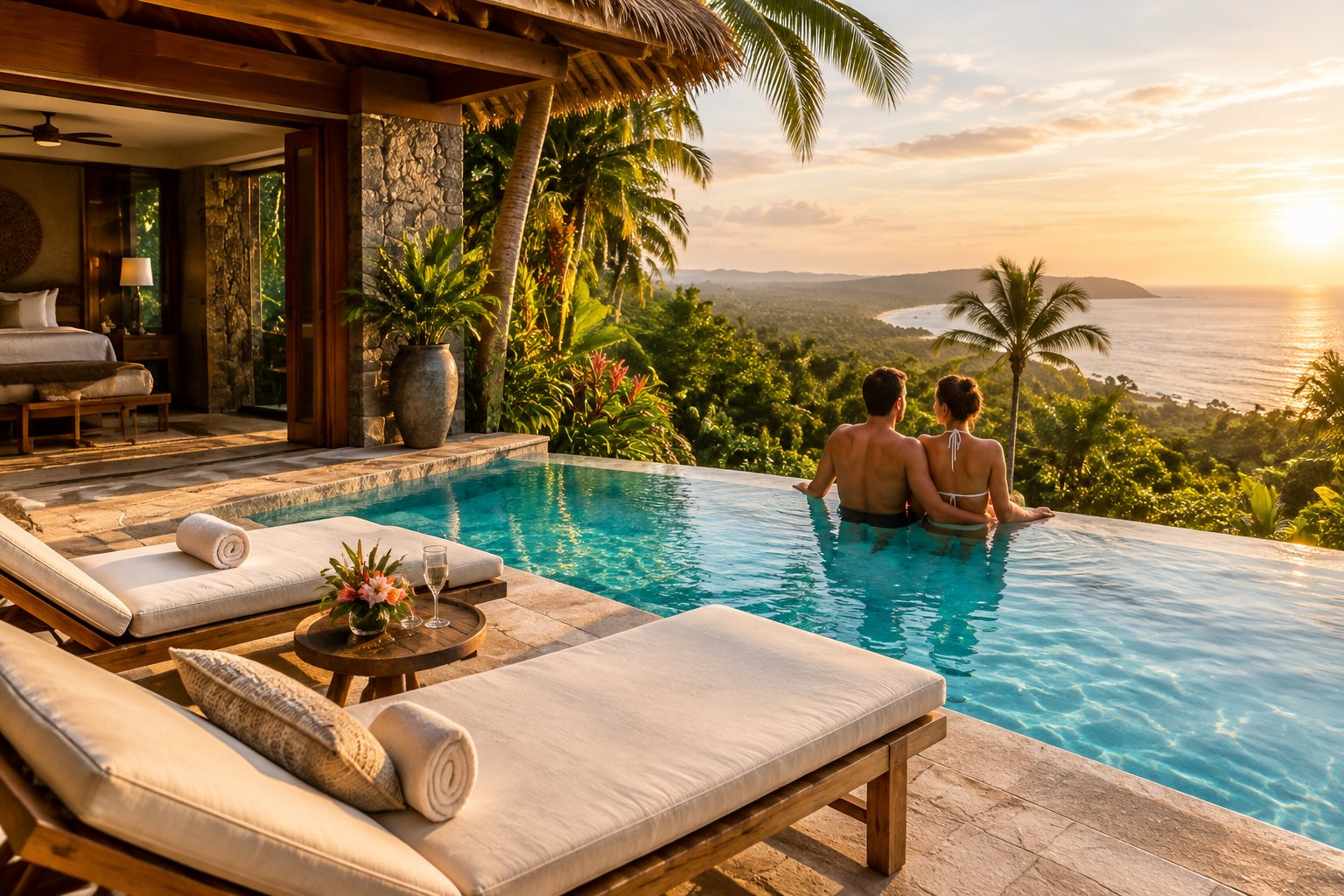 A couple relaxes beside a private pool at a tropical villa.