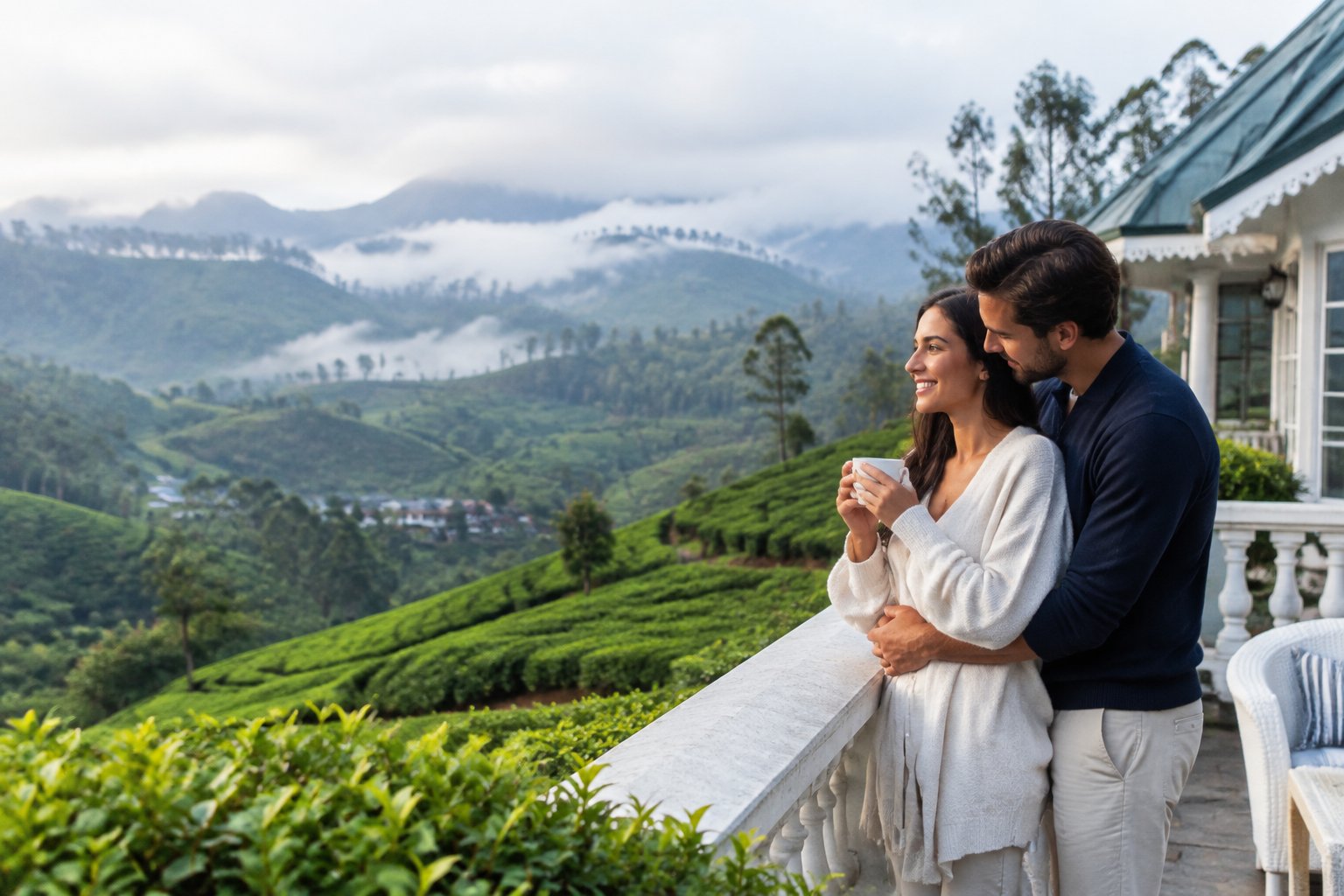 A couple stands together on a hotel terrace overlooking misty tea-covered hills.
