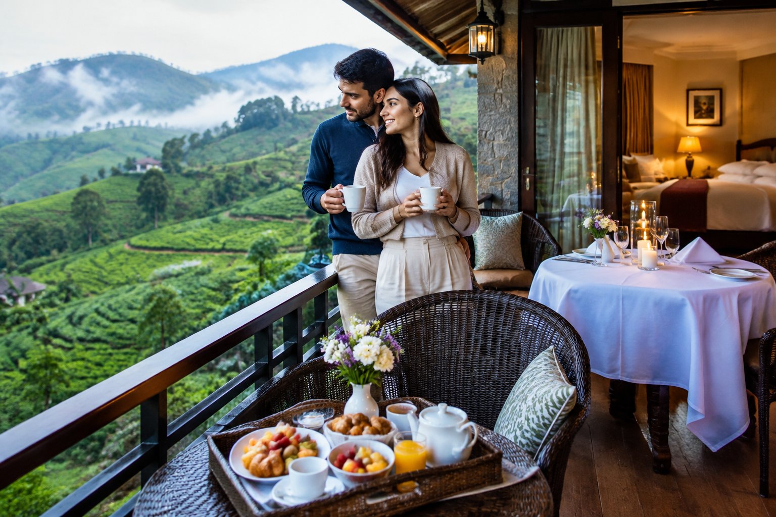 A newlywed couple share breakfast on a hotel balcony overlooking the tea-covered hills of Nuwara Eliya.