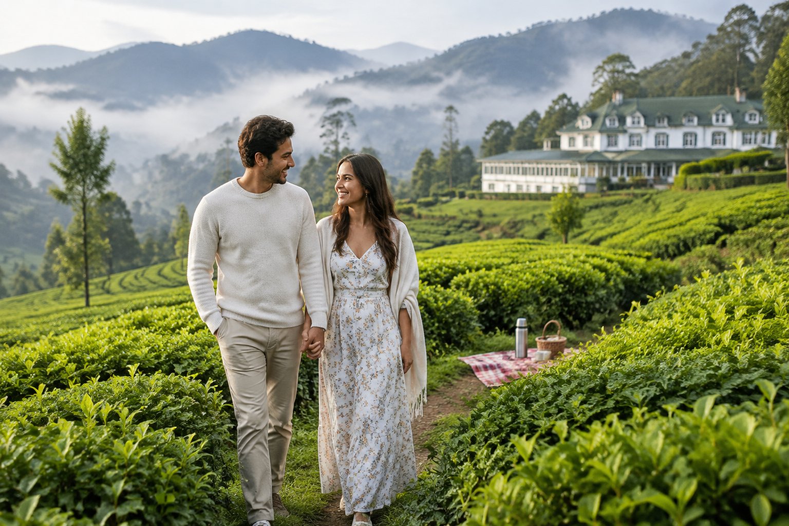 A couple strolls hand in hand through a tea plantation in the misty hills of Nuwara Eliya.