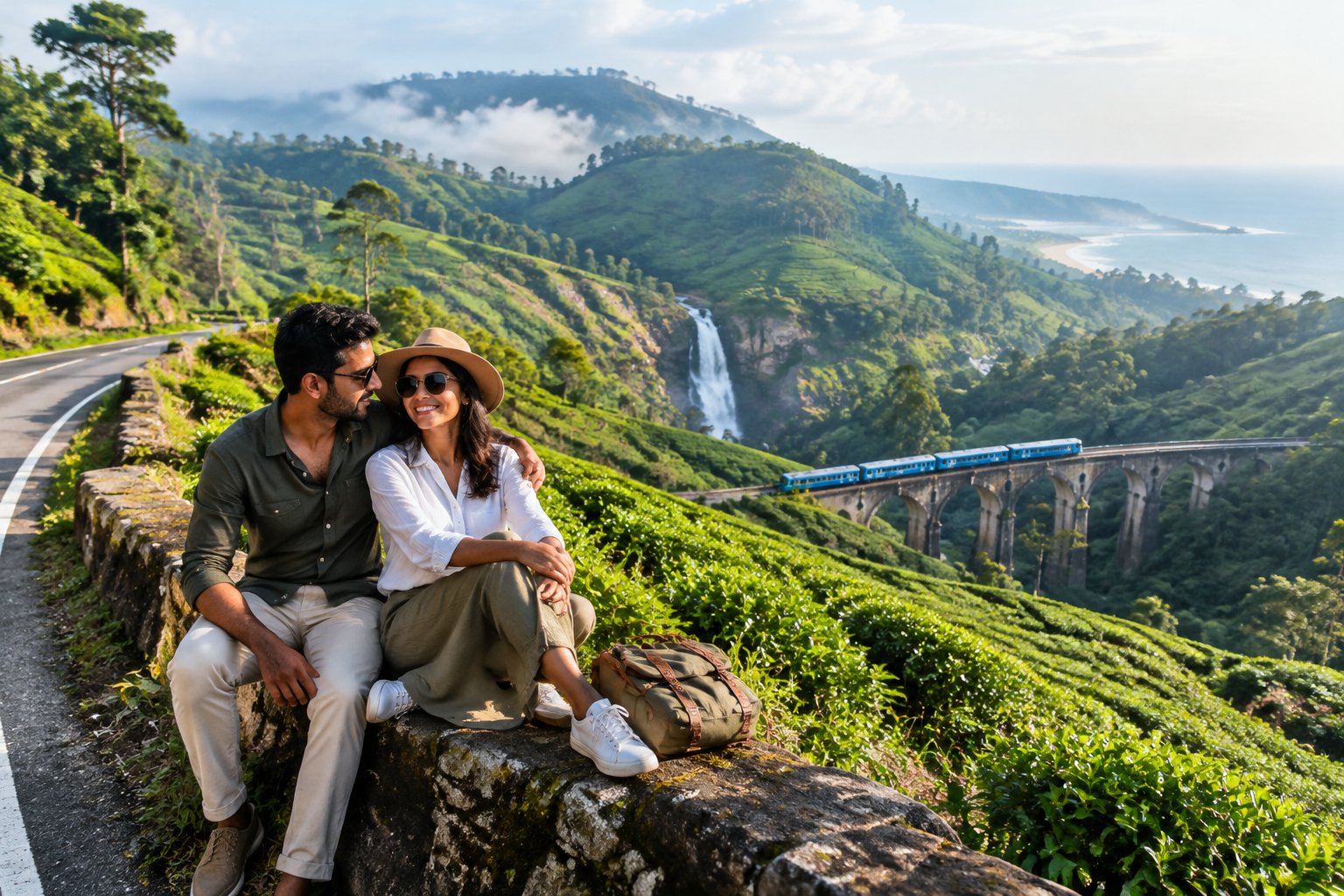 A couple pauses beside a mountain road overlooking tea plantations and misty hills in Sri Lanka.