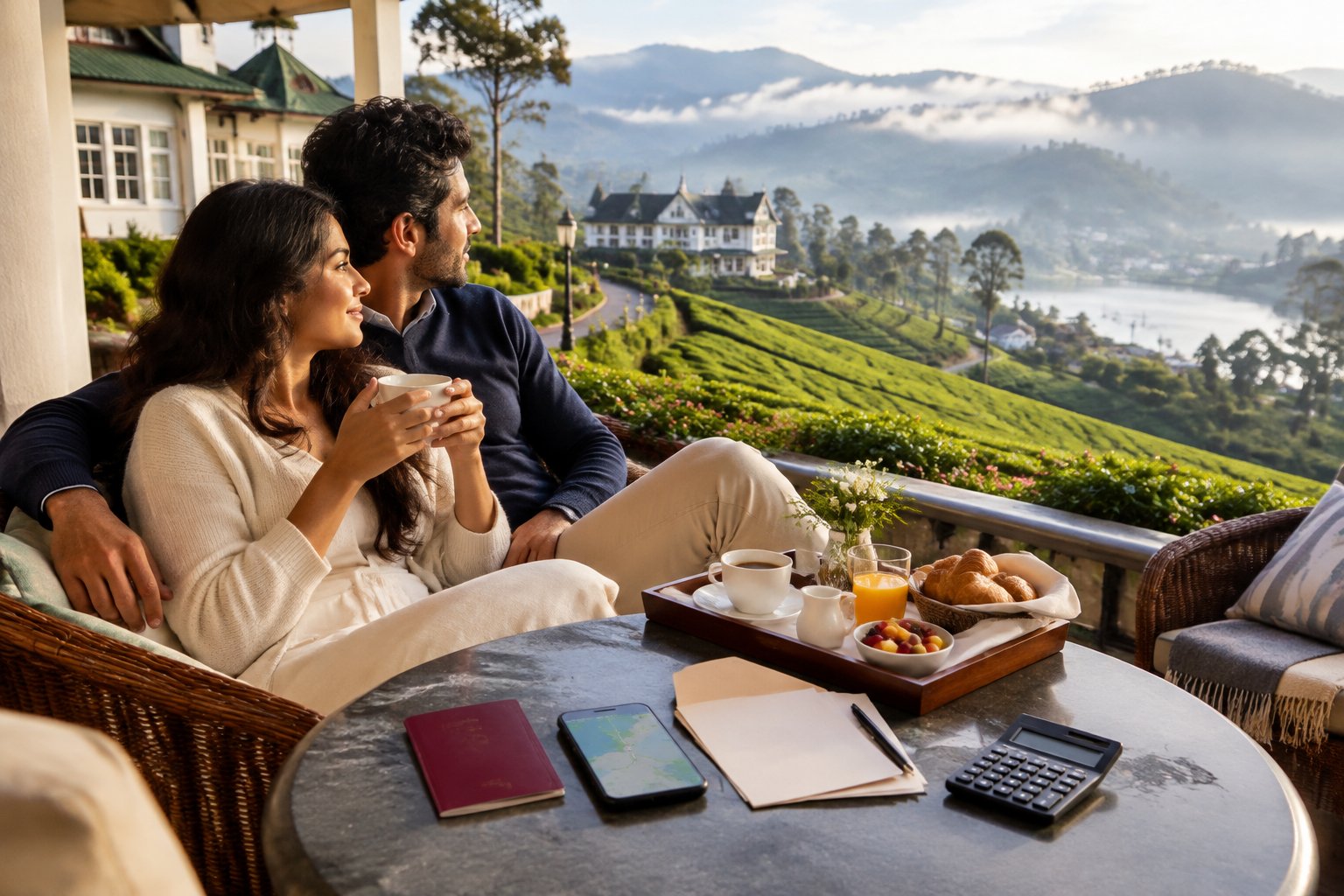 A newlywed couple relaxes at a mountain hotel overlooking tea plantations in Nuwara Eliya.