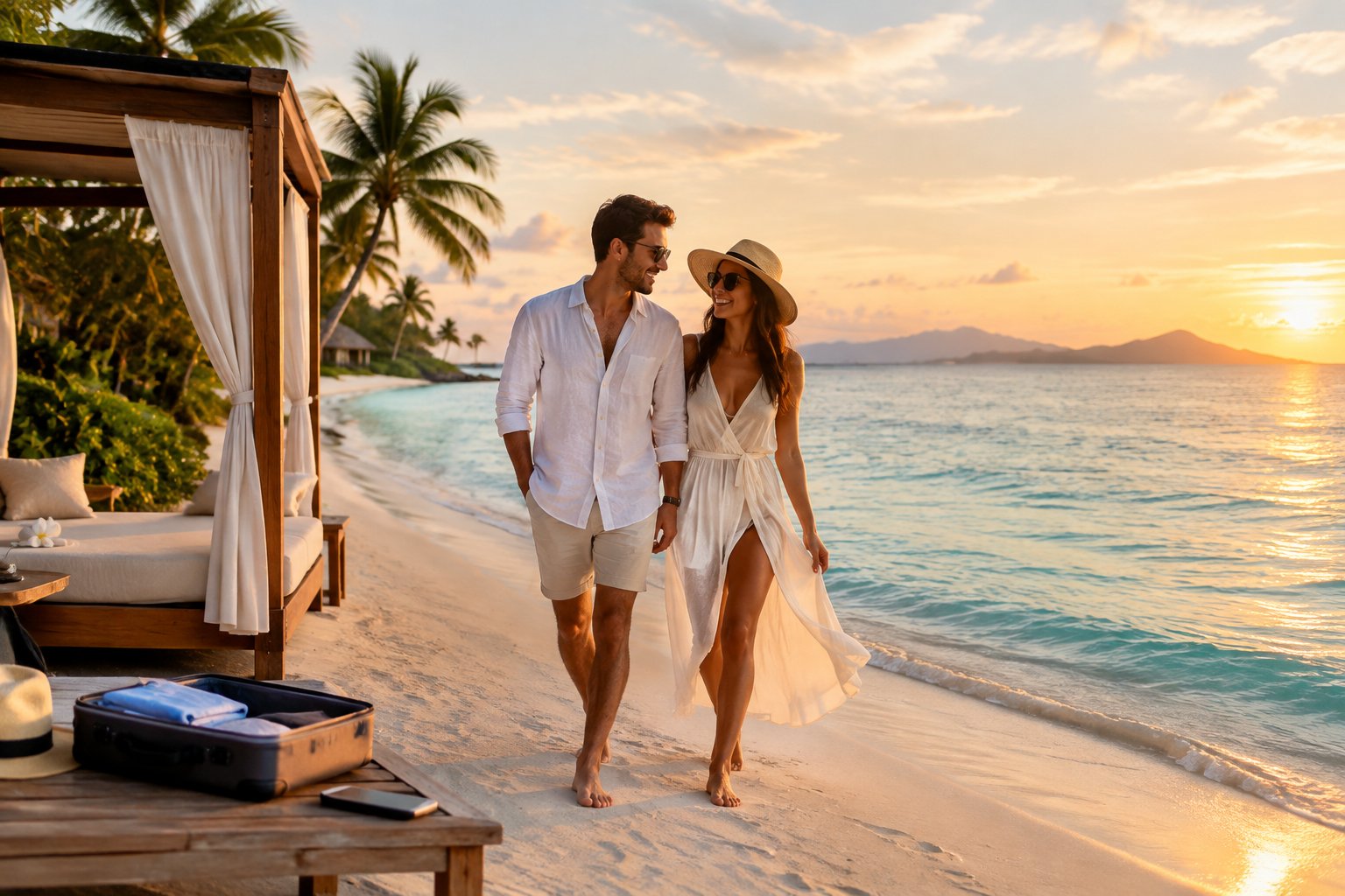 A newlywed couple walks along a tropical beach beside a resort cabana.