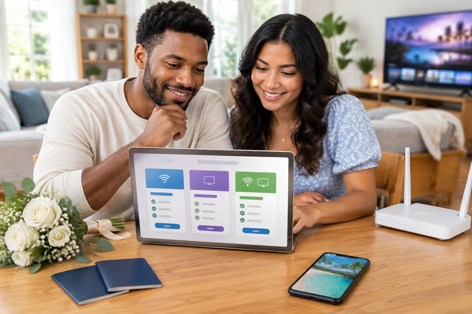 A newlywed couple reviews internet and entertainment options at home while planning a honeymoon.