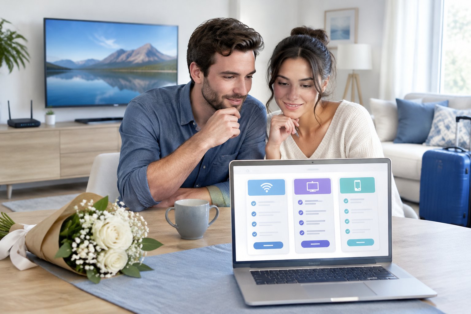 A newlywed couple reviews service options on a laptop in their living room.