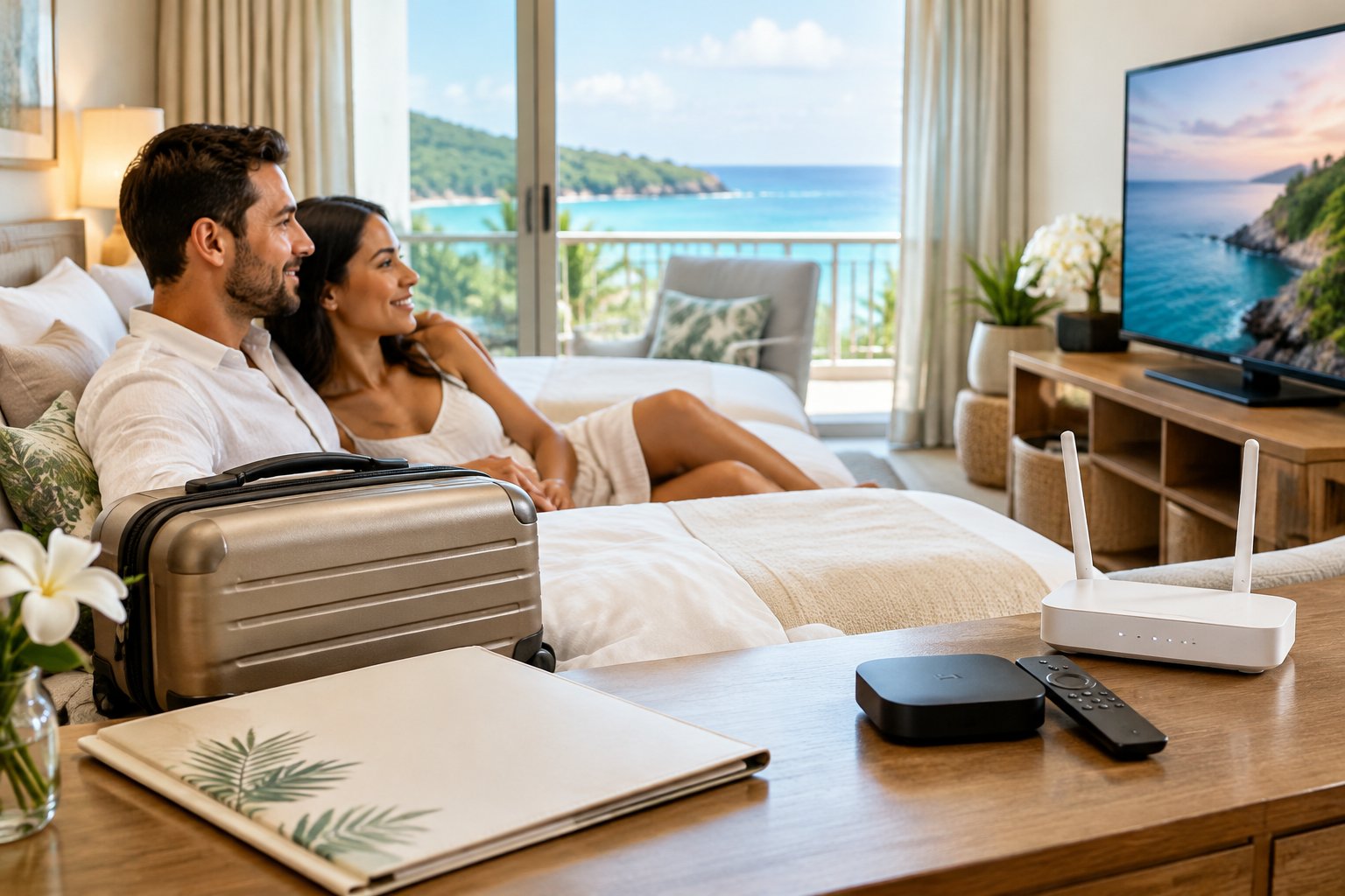 A newlywed couple relaxes in a hotel suite beside travel luggage and home entertainment equipment.