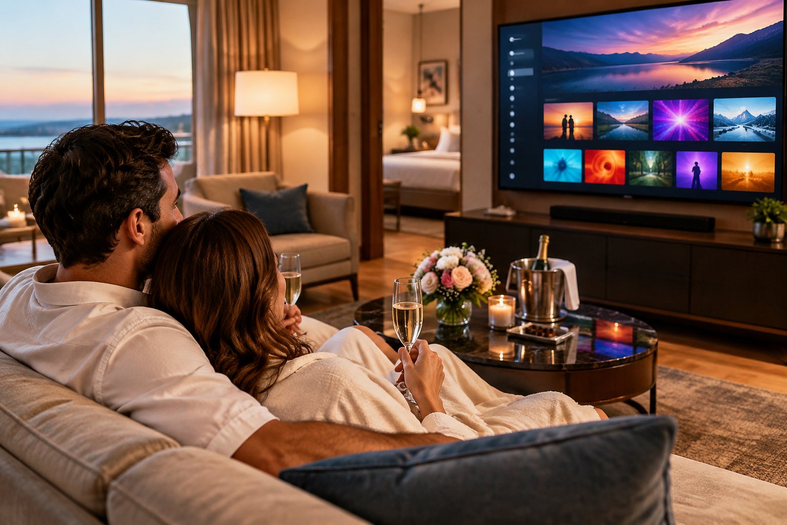 A newlywed couple relaxes in a hotel suite while watching a movie.
