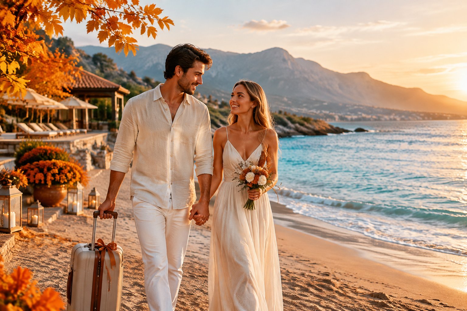 A newlywed couple walks hand in hand along a beach near a resort.
