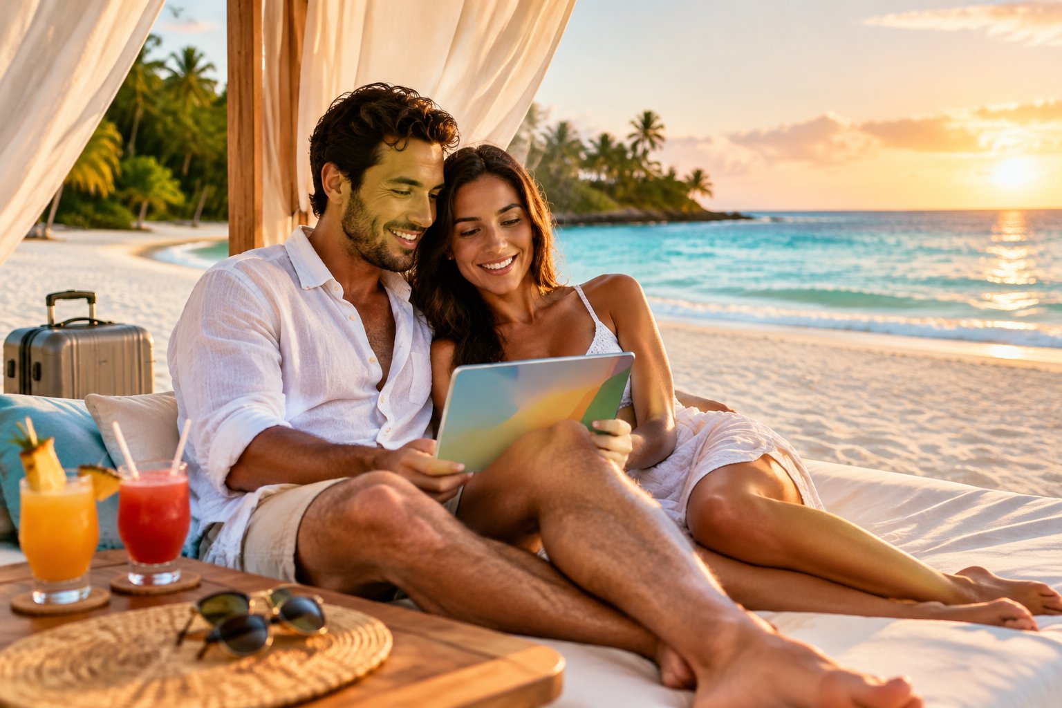 A newlywed couple relaxes together on a tropical beach while looking at a tablet.
