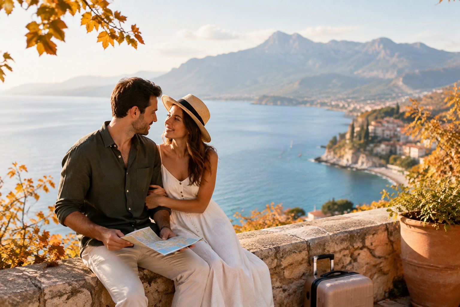 A couple stands together on a terrace overlooking the sea, with autumn leaves nearby.