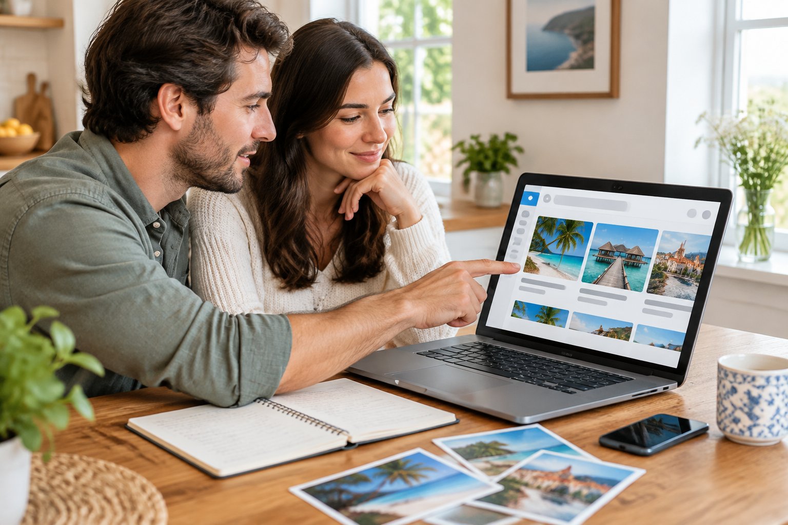 A newlywed couple compares honeymoon destinations on a laptop at home.