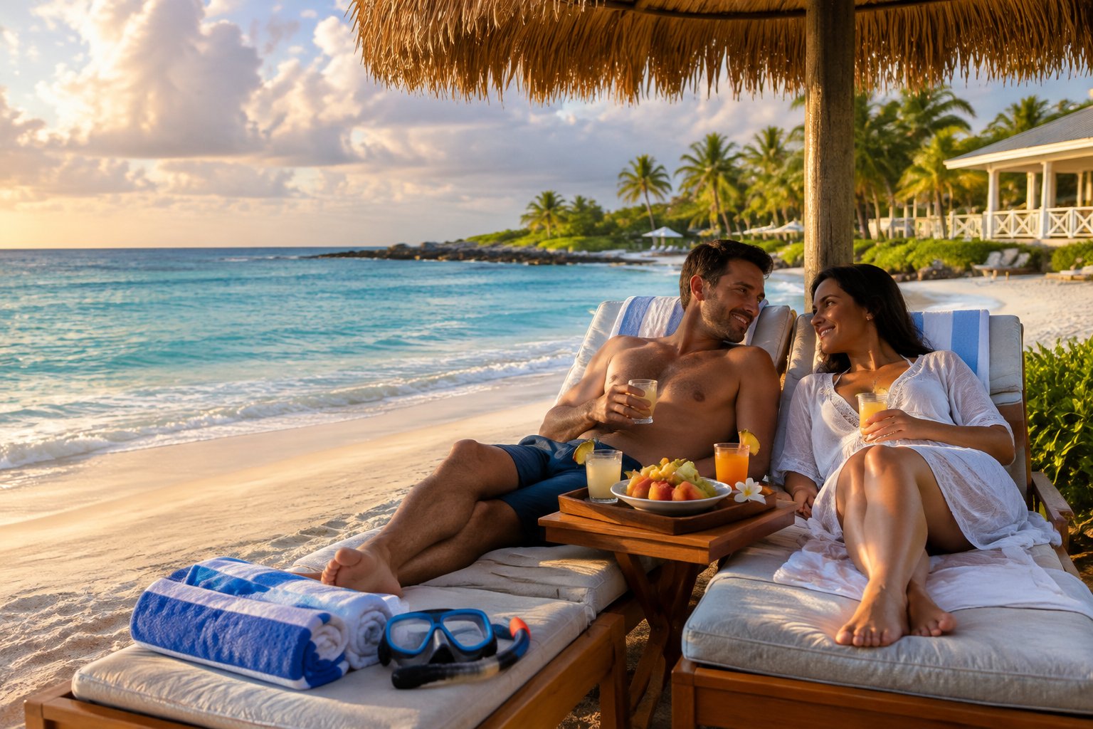 A newlywed couple relaxes together at a Caribbean beach resort beside turquoise water.