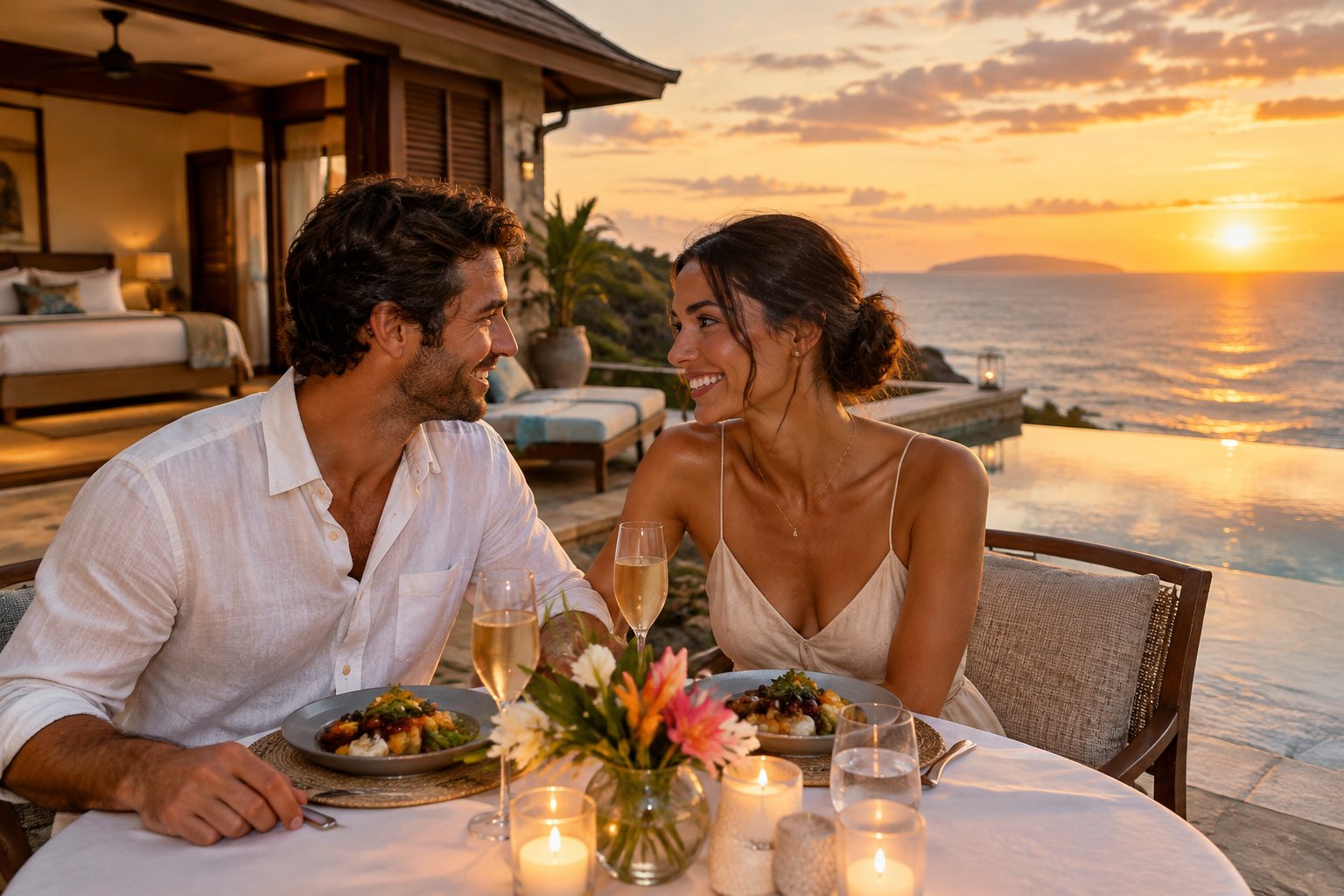 A newlywed couple shares a sunset dinner at a tropical resort.