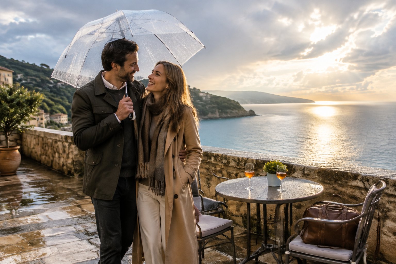 A newlywed couple shares an umbrella on a coastal terrace after an autumn shower.