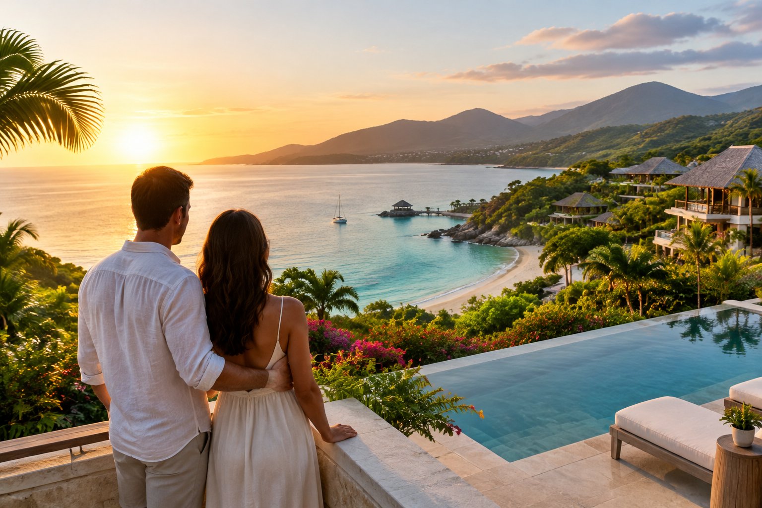 A couple stands on a terrace overlooking a tropical resort and coastline.