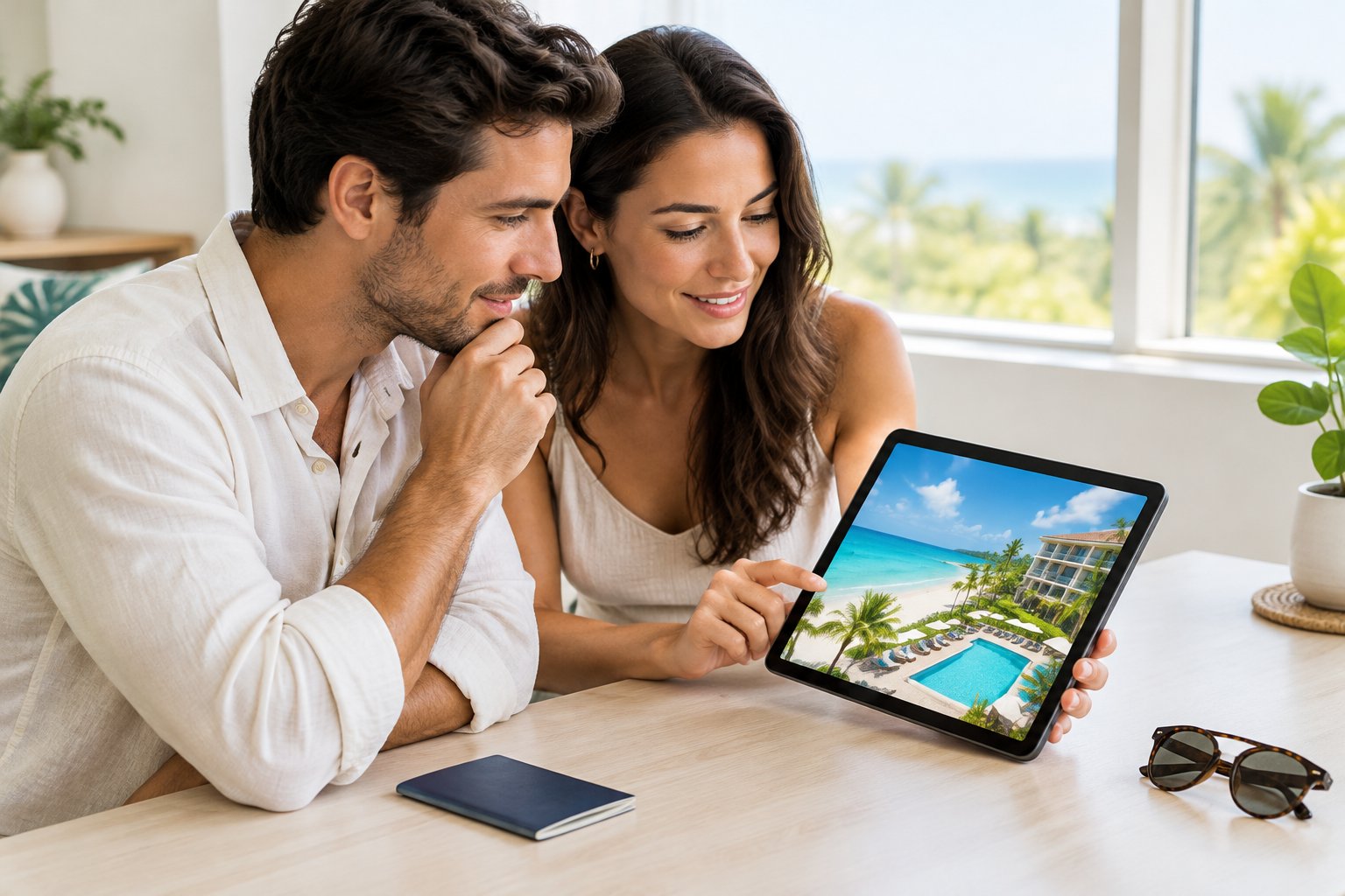 A couple looks at a tablet showing a tropical resort.