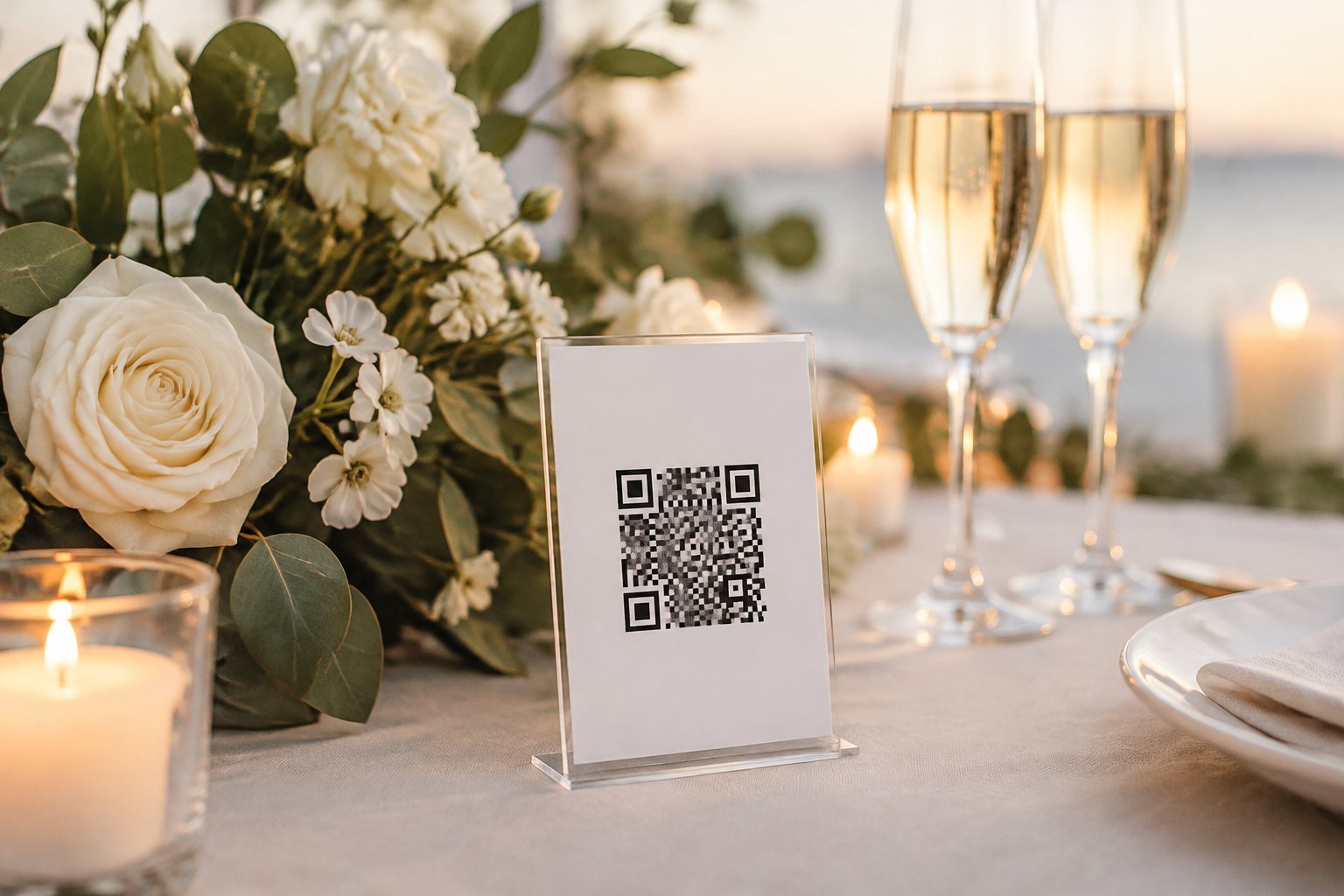 A QR code sign sits among flowers and champagne glasses on a honeymoon celebration table.