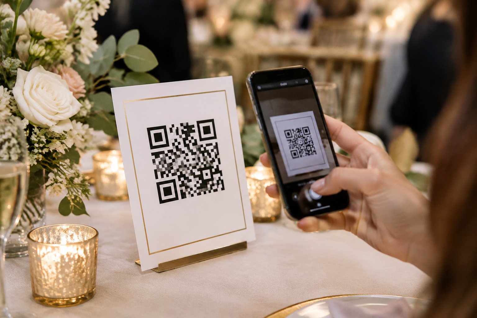 A wedding guest scans a QR code on a sign at a reception.