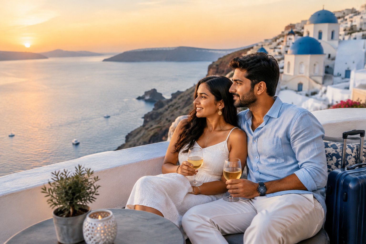 A newlywed couple enjoys a seaside view from a terrace on a Mediterranean island.