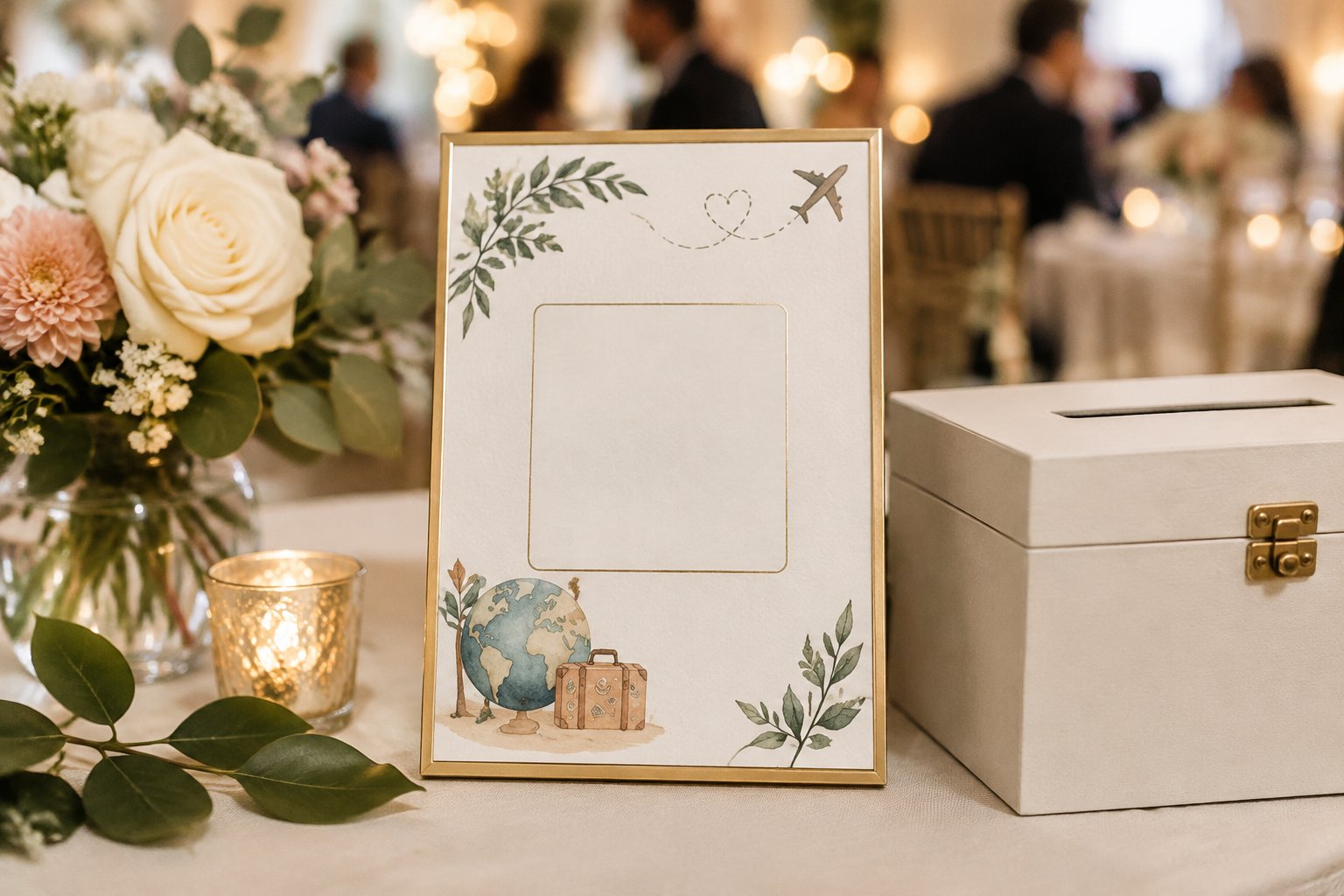 A blank honeymoon-themed sign displayed on a table at a wedding reception.