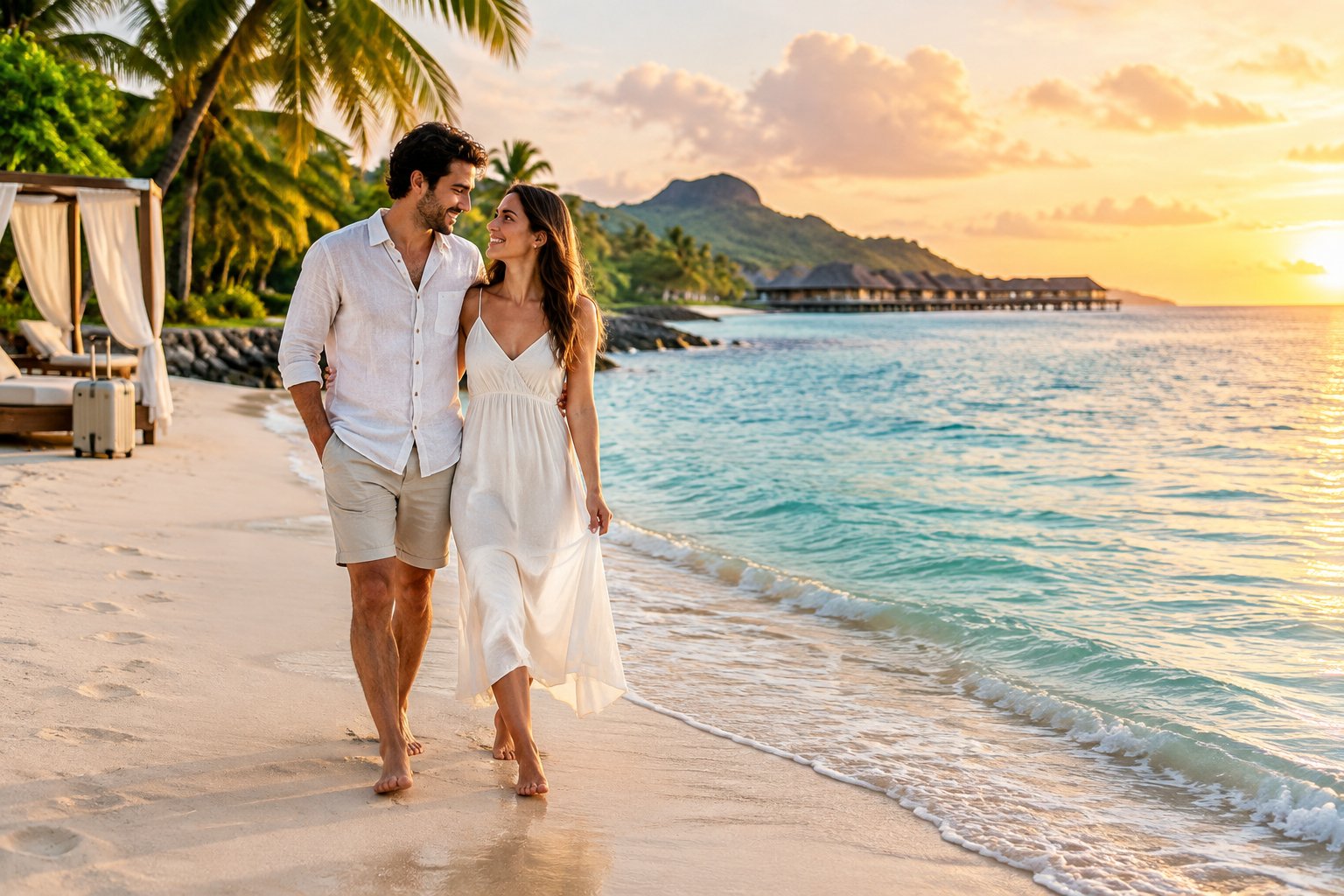 A newlywed couple walks together along a tropical beach near a resort.