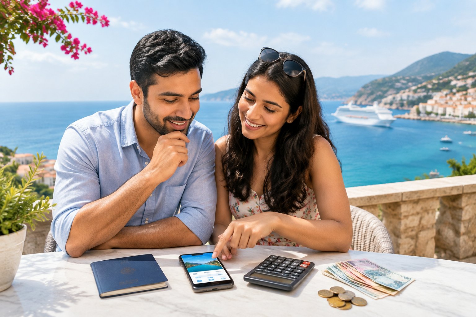 A newly married couple reviews travel costs on a seaside terrace abroad.