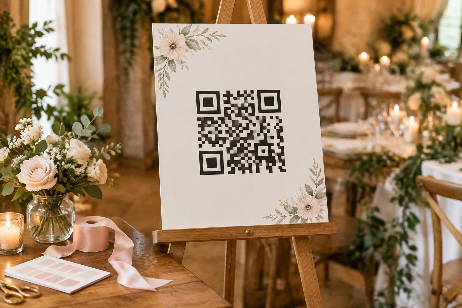 A QR code sign on an easel beside wedding decorations and customization supplies.