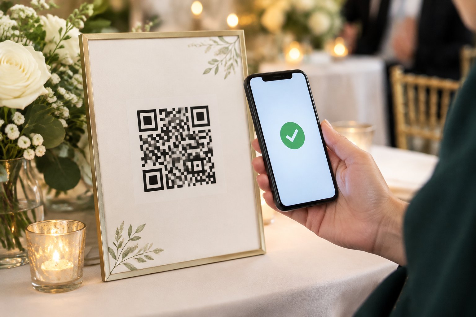 A wedding guest scans a QR code on a sign with a smartphone.