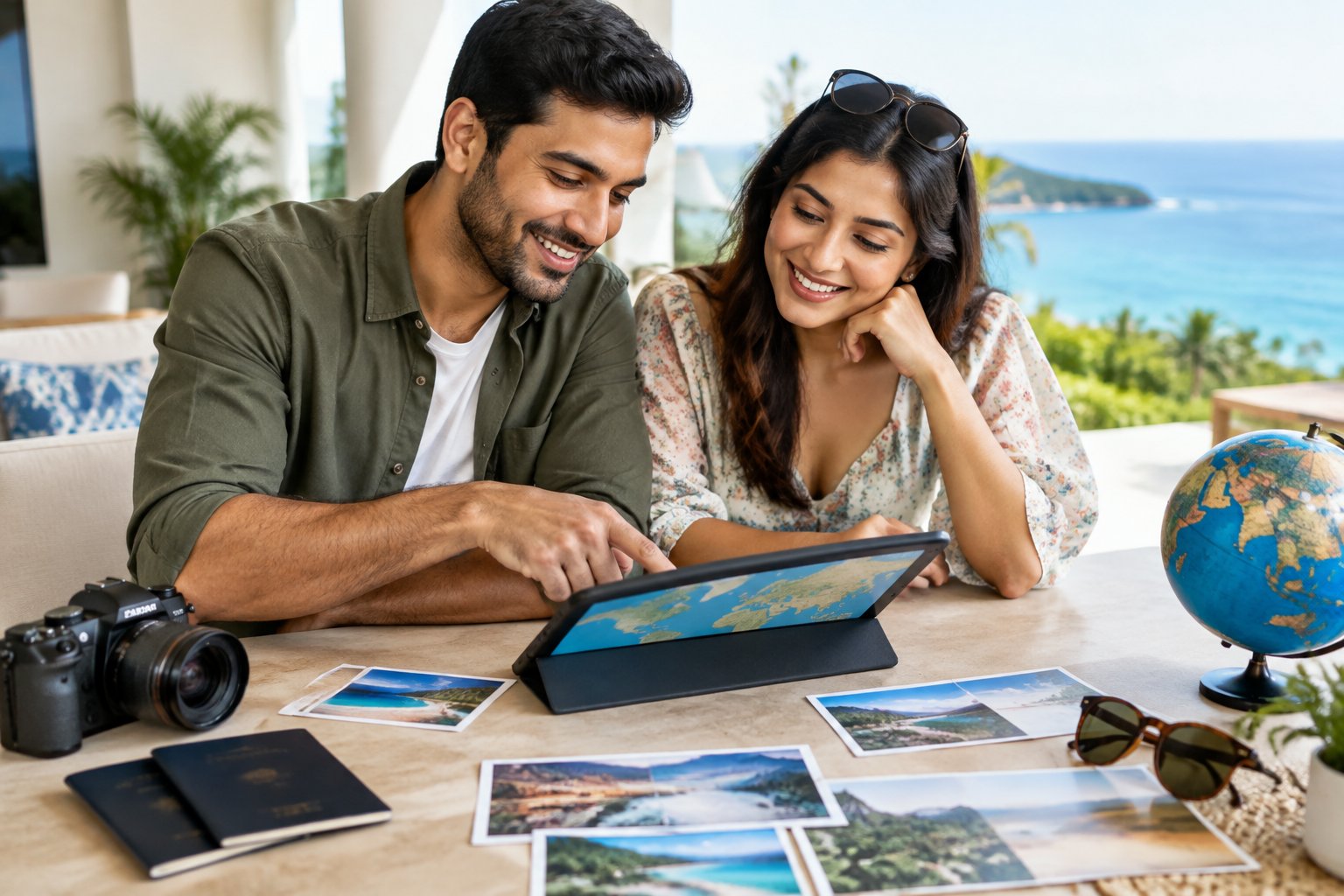 A couple compares travel options together while planning their honeymoon.