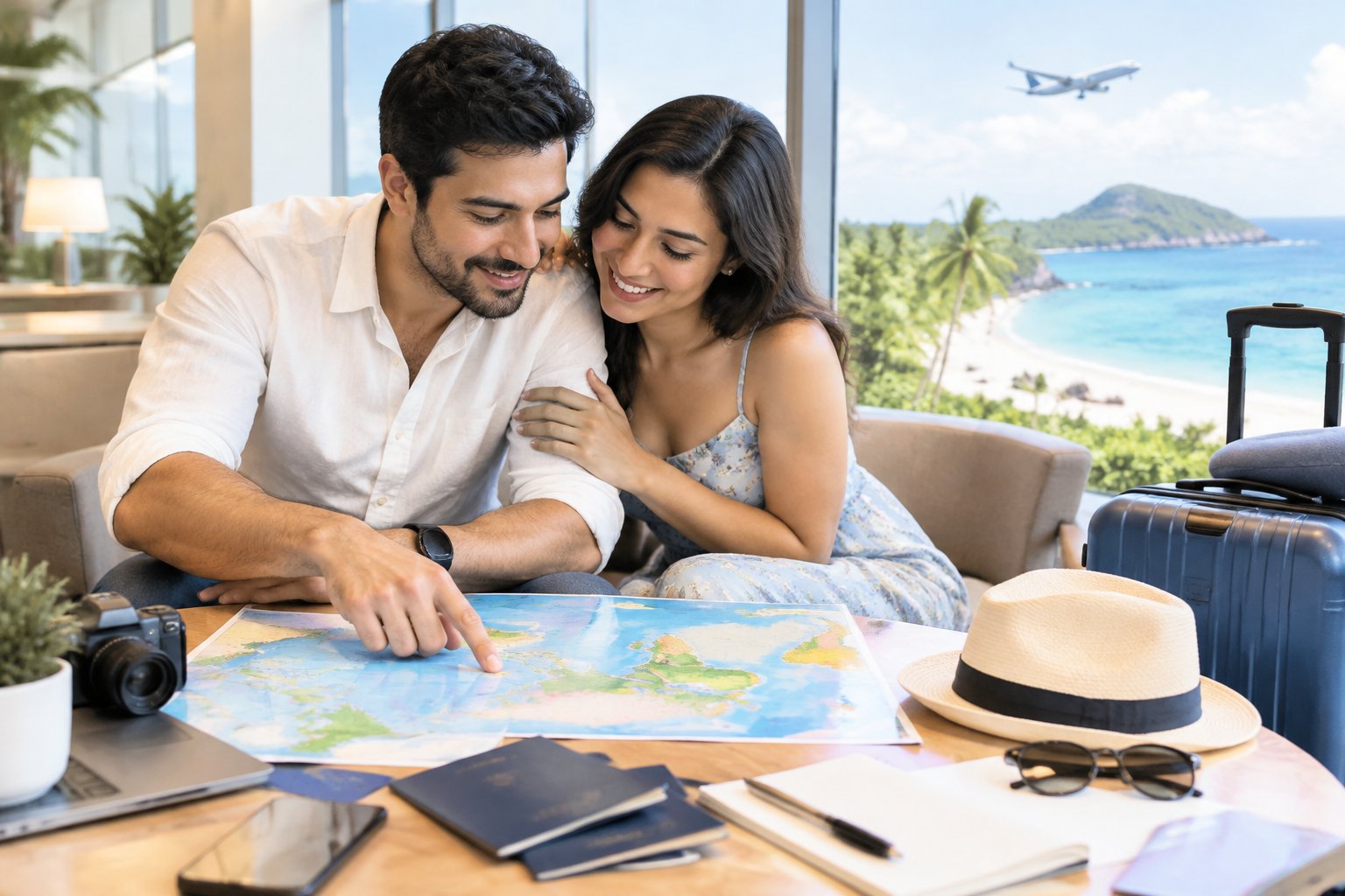 A newlywed couple reviews travel plans beside a suitcase and passports.