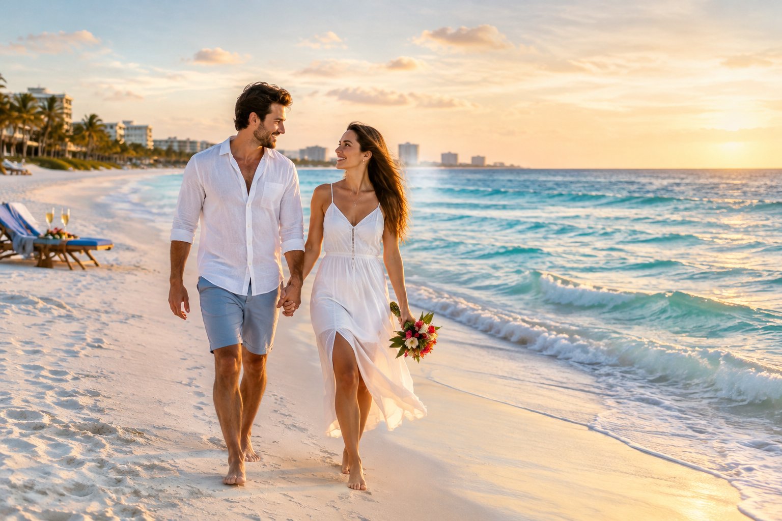 A newlywed couple walks hand in hand along a sunny beach beside turquoise water.
