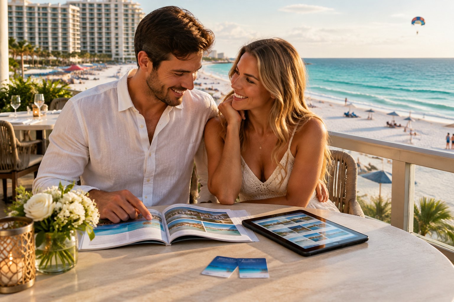 A newlywed couple reviews travel options at a table beside a sunny Panama City Beach shoreline.